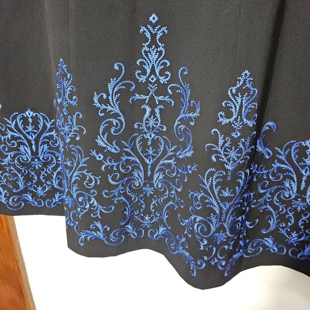 Black Royal Blue Midi Embroidered Silkland A-Line Skirt Size 8 Medium - Picture 4 of 7